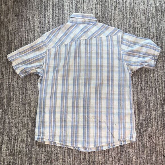 Mountain Hard Wear Men Size Medium Snap Button Shirt Blue Tan White Short Sleeve - Picture 6 of 6